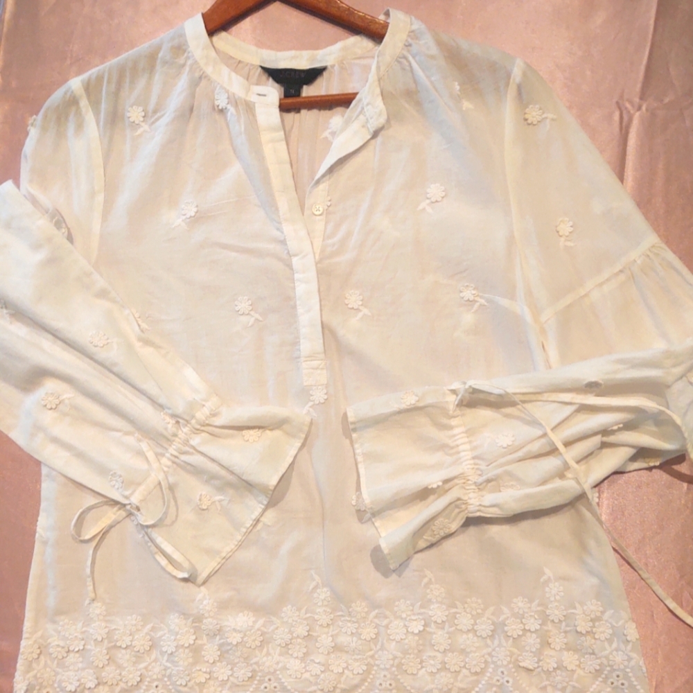 J. Crew White Embellished Long Sleeve Blouse